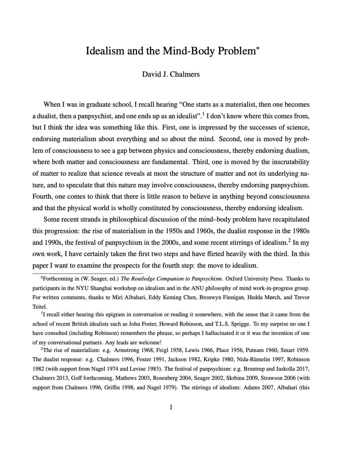 Book cover for Idealism and the Mind-Body Problem by David J. Chalmers